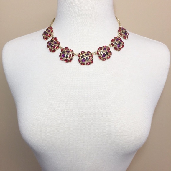 Red Purple Gem Squares Gold Necklace Earrings Set - Picture 3 of 3